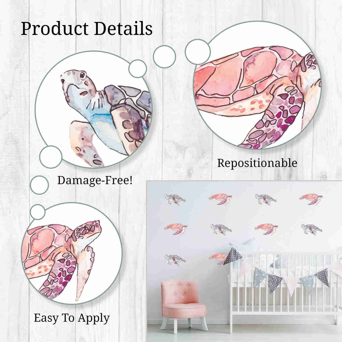 Watercolor Turtles Wall Decals - Set of 10 Unique Sea Turtle Designs