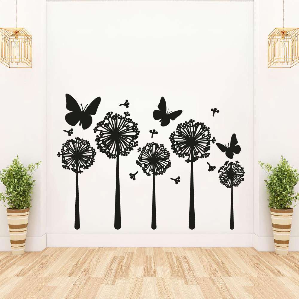 Flowers Floral Vinyl Wall Sticker - Spring Silhouette Decal with Butterflies