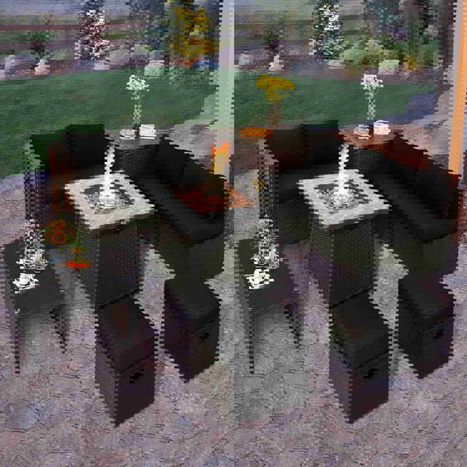 Tangkula 9-Piece Outdoor Patio Furniture Set with 35-Inch Propane Fire Pit Table