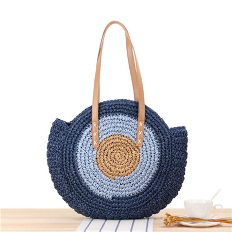 Lkblock Large Capacity Round Zipper Fashionable Straw Woven Bag for Women