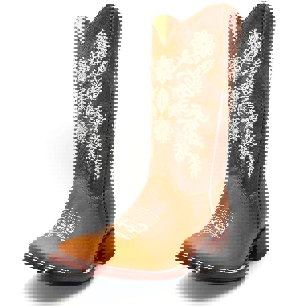 Womens Wide Square Toe Western Boot - White Floral Design