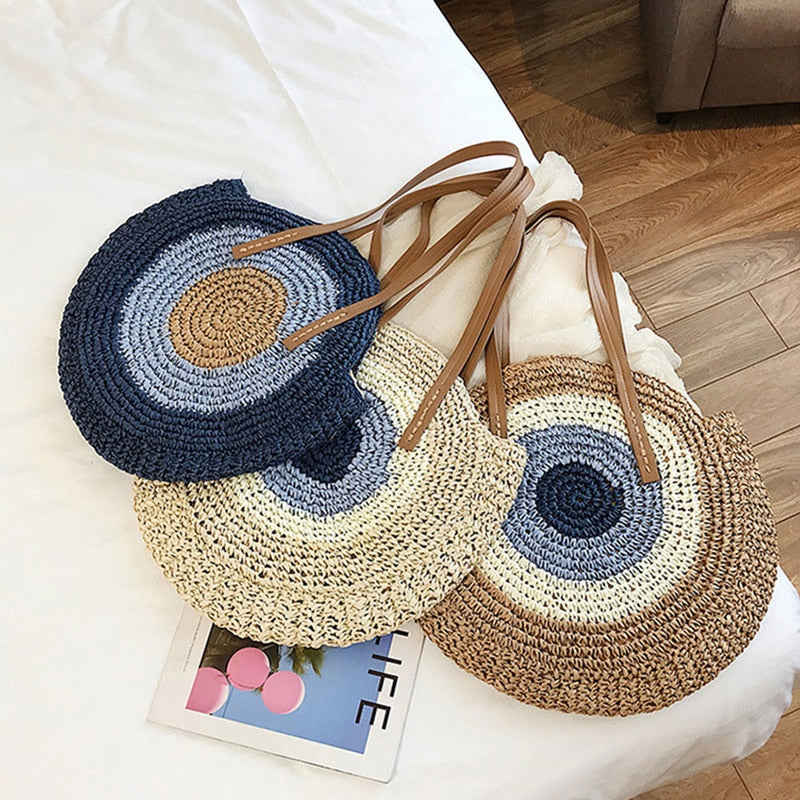 Lkblock Large Capacity Round Zipper Fashionable Straw Woven Bag for Women