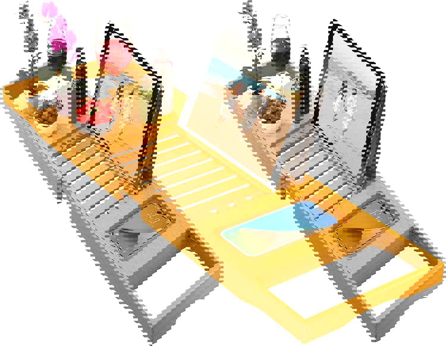 Bambüsi Expandable Bamboo Bathtub Tray Caddy - Adjustable Luxury Bath Organizer