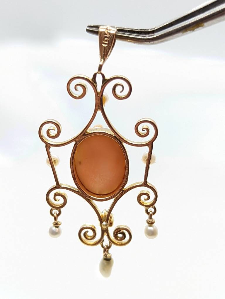 Antique Diamond Coral Cameo Pendant Lavaliere in 10k Gold with Pearl Accents
