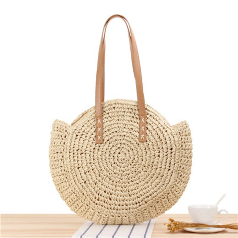Lkblock Large Capacity Round Zipper Fashionable Straw Woven Bag for Women