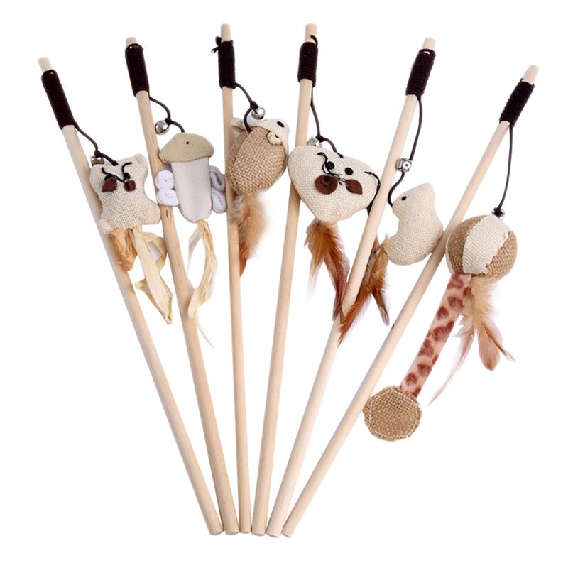 Cat Stick Toy with Wooden Rod and Small Bell - Random Style