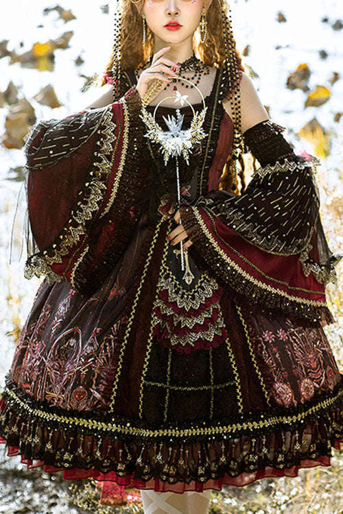 Vintage Hanayome Eye of Red Heart Bowknot Multi-Layer Ruffled Classic Lolita JSK Dress