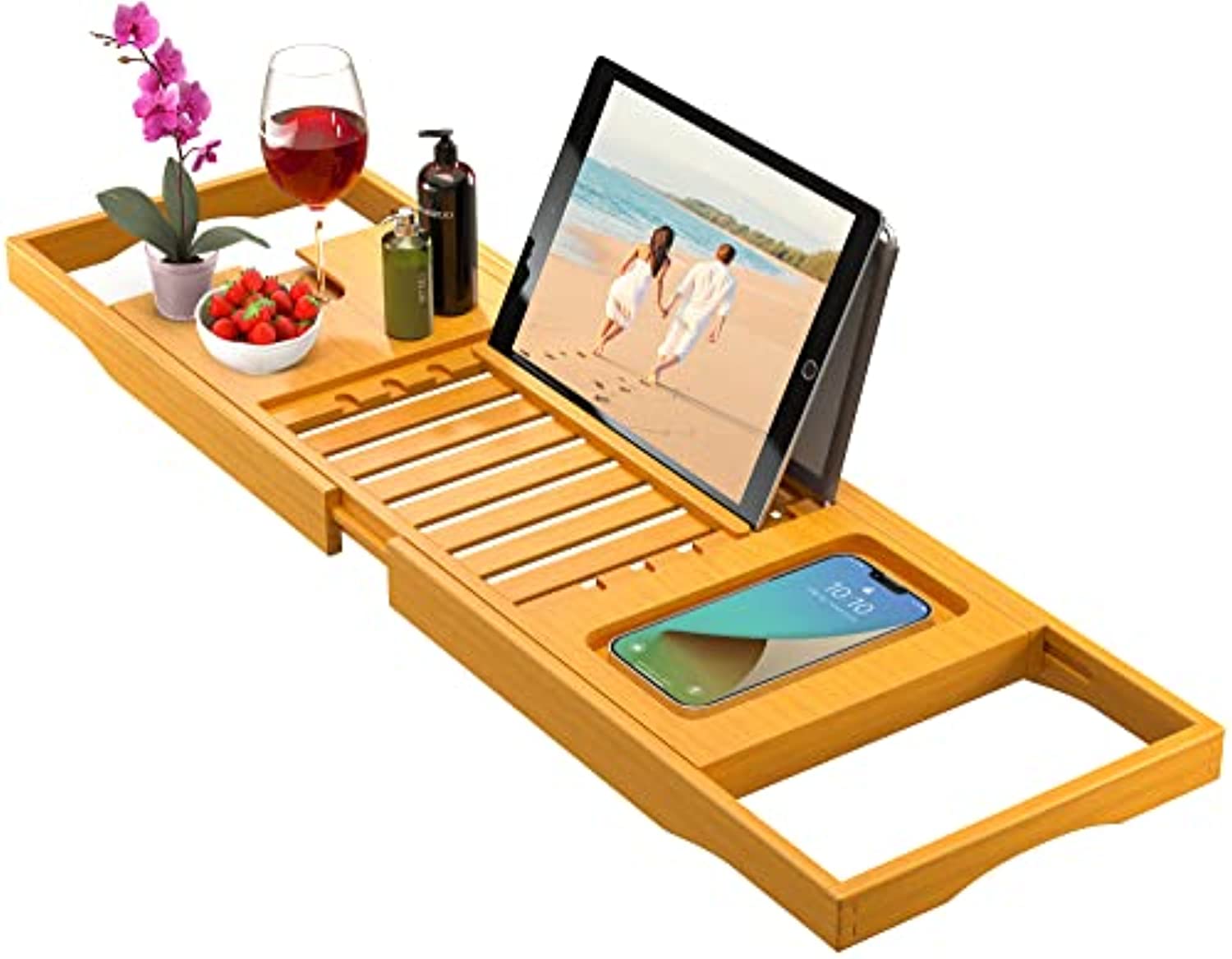 Bambüsi Expandable Bamboo Bathtub Tray Caddy - Adjustable Luxury Bath Organizer