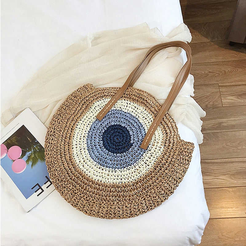Lkblock Large Capacity Round Zipper Fashionable Straw Woven Bag for Women