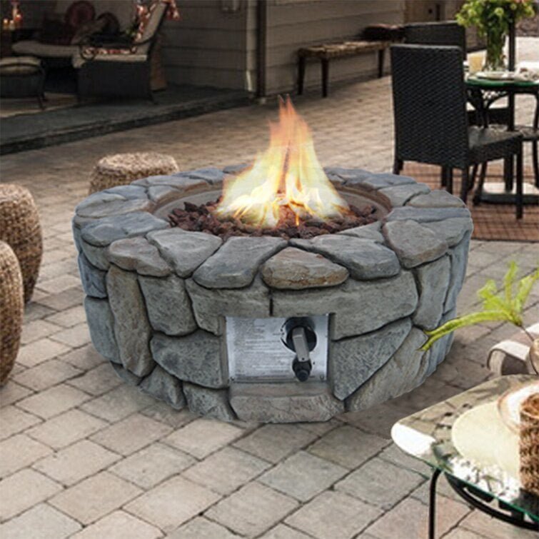 MIRODEMI® 28 Outdoor Round Natural Stone Gas Fire Pit Table for Backyard, Garden
