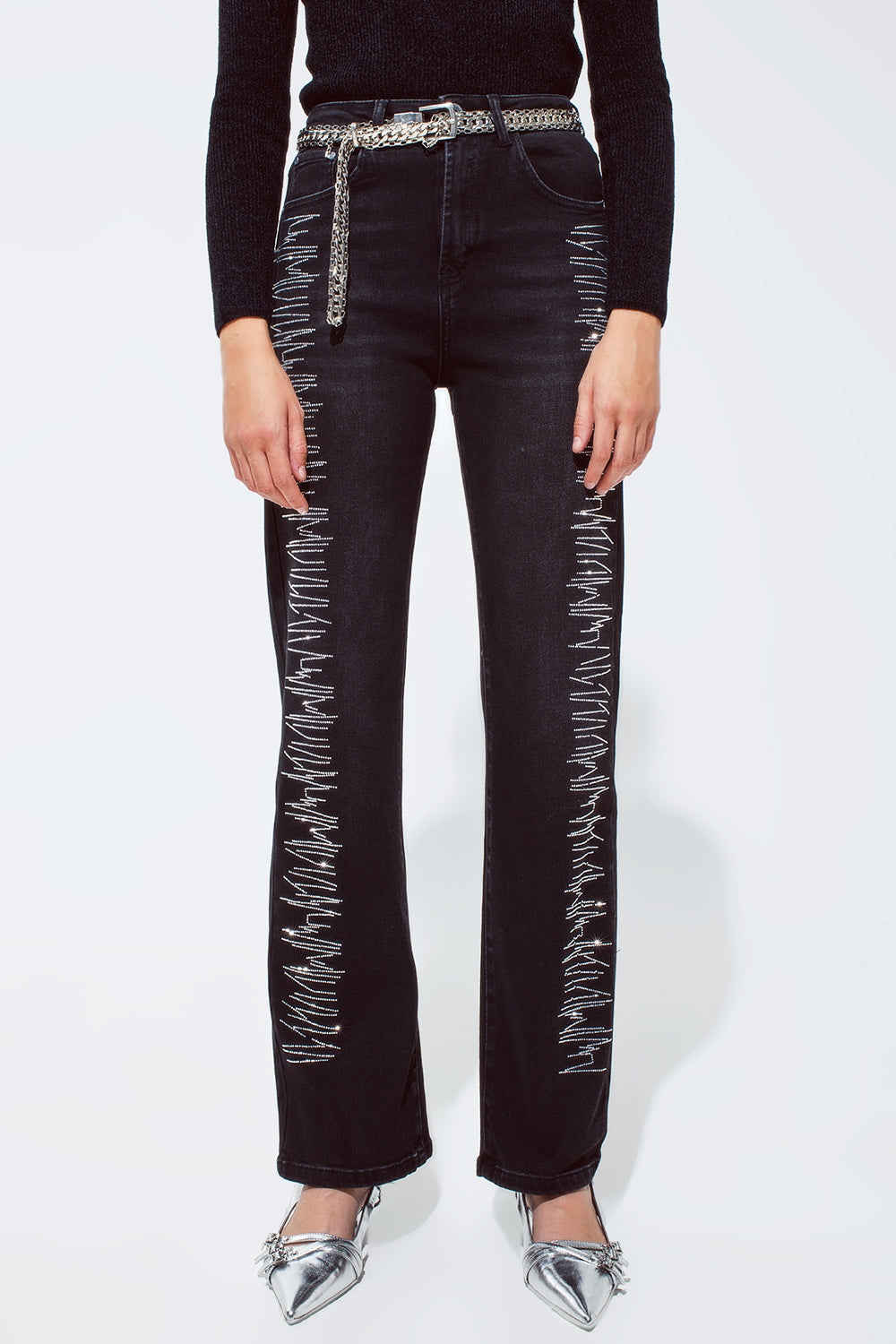 Magdalena Black Jeans - High Waisted with Silver Strass Details (S-M-L)