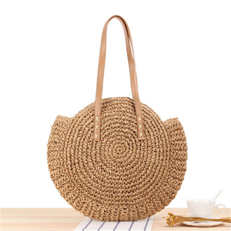 Lkblock Large Capacity Round Zipper Fashionable Straw Woven Bag for Women