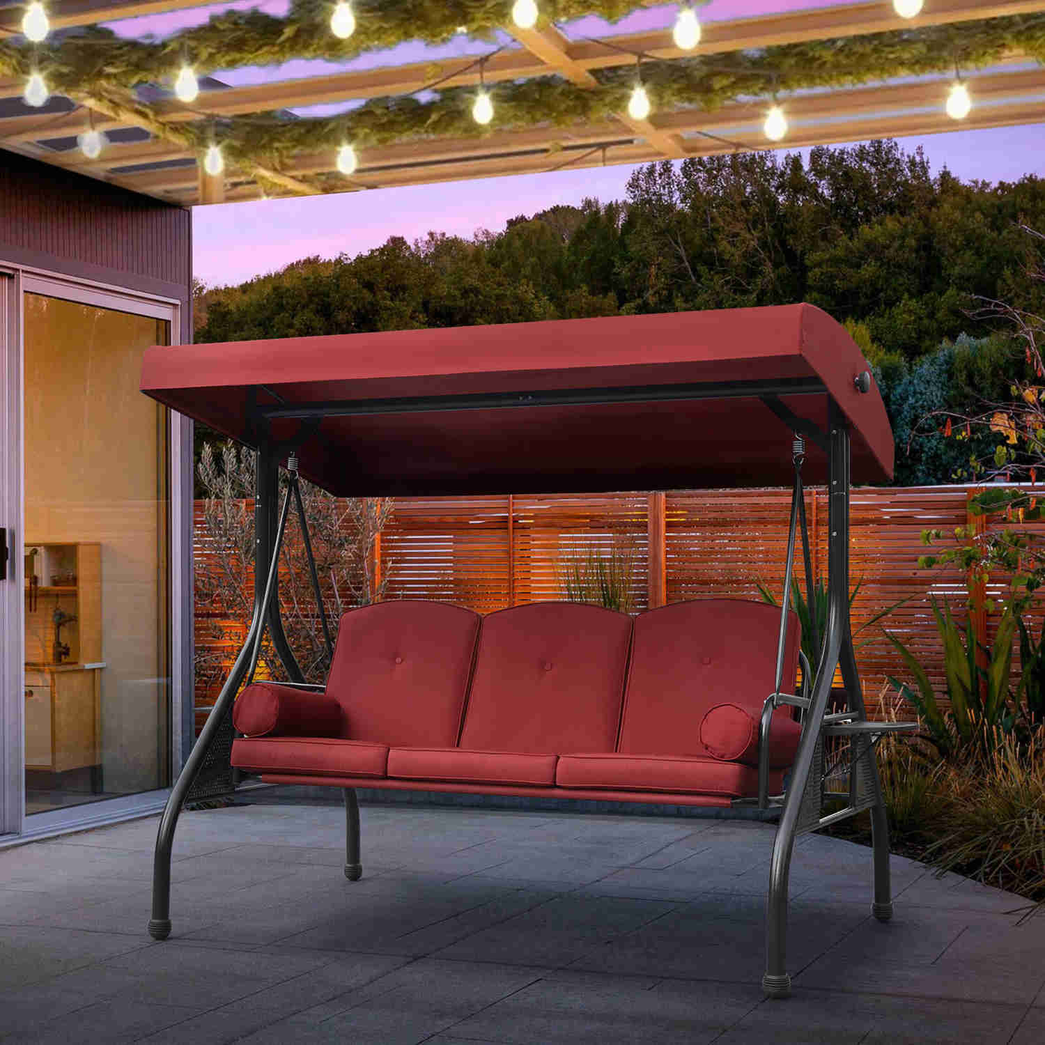 3-Seat Outdoor Porch Swing Chair with Adjustable Canopy, 2 Foldable Side Trays, 3 Cushions & 2 Pillows, Wine Red