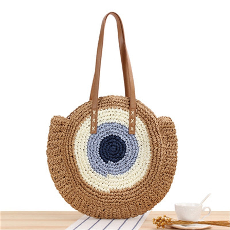 Lkblock Large Capacity Round Zipper Fashionable Straw Woven Bag for Women