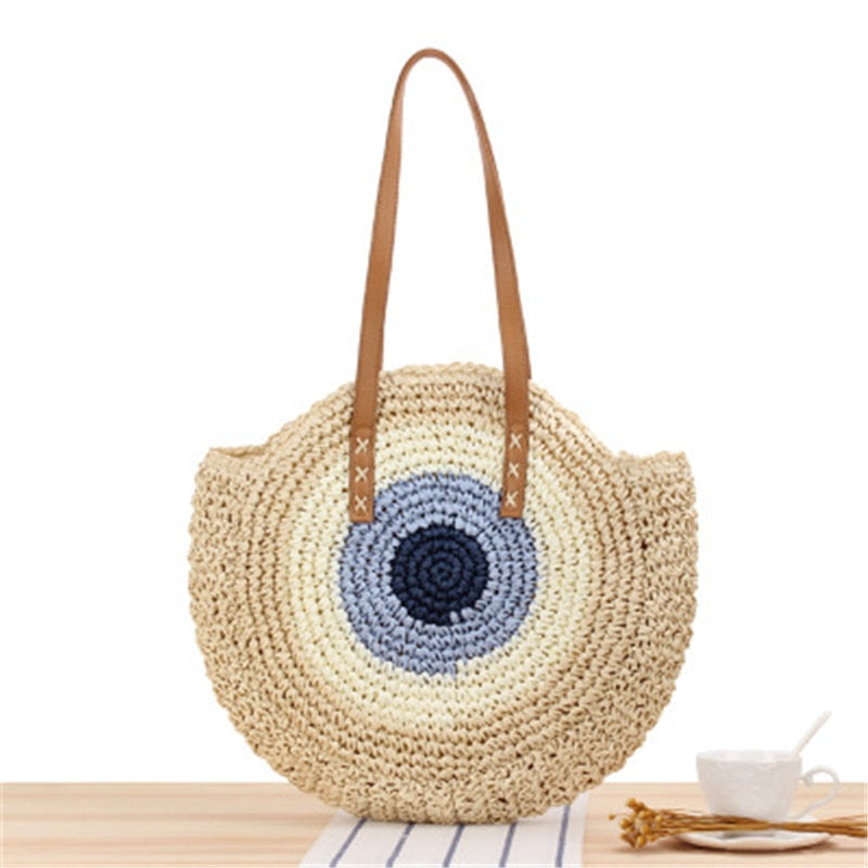 Lkblock Large Capacity Round Zipper Fashionable Straw Woven Bag for Women