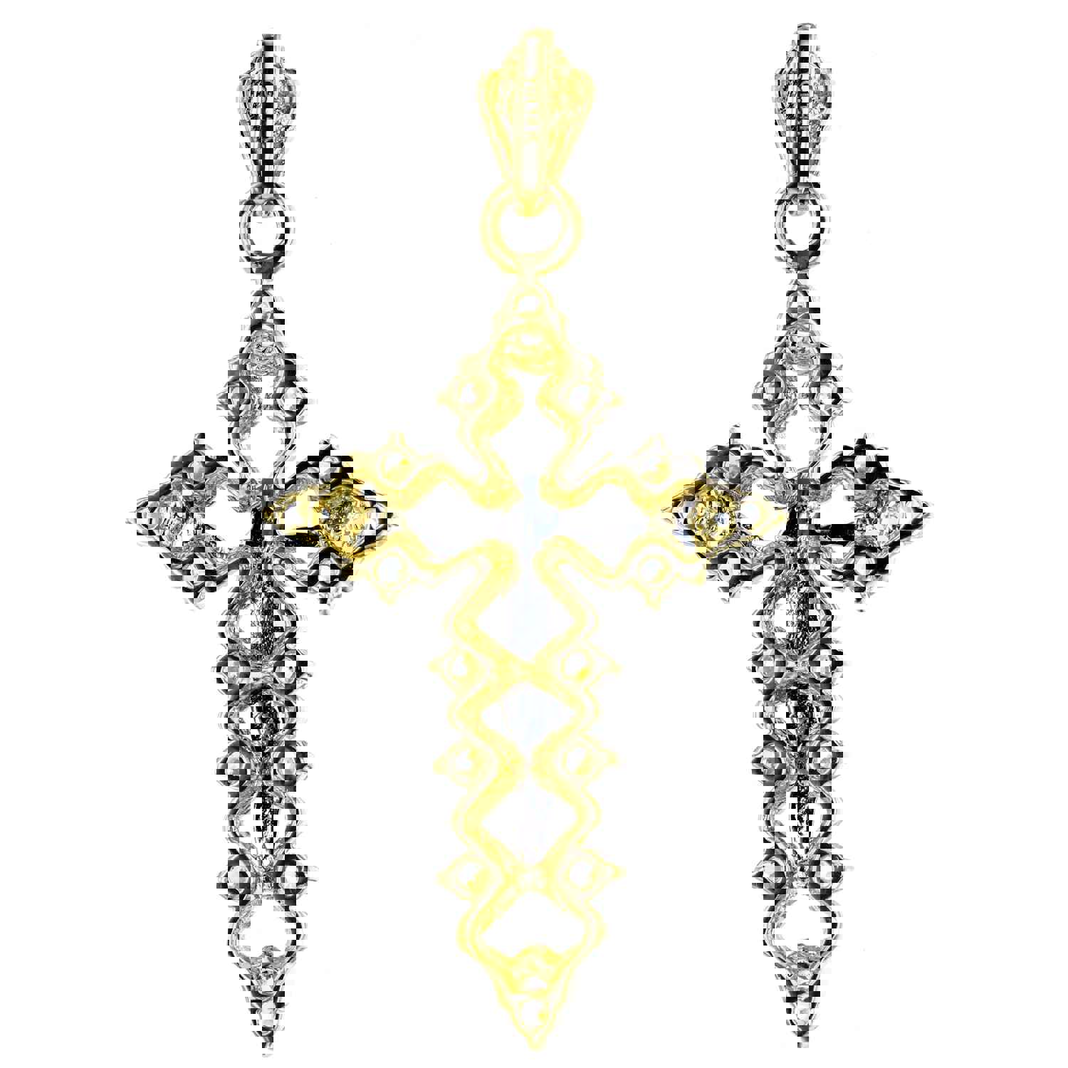 14K Two-Tone Gold Pave Round Cut Crucifix Cross Pendant