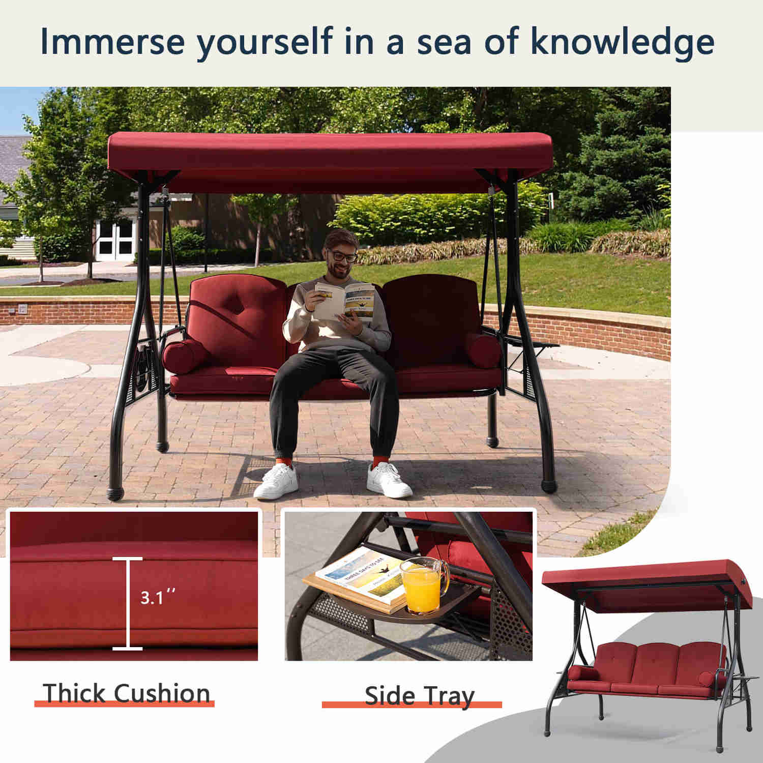 3-Seat Outdoor Porch Swing Chair with Adjustable Canopy, 2 Foldable Side Trays, 3 Cushions & 2 Pillows, Wine Red