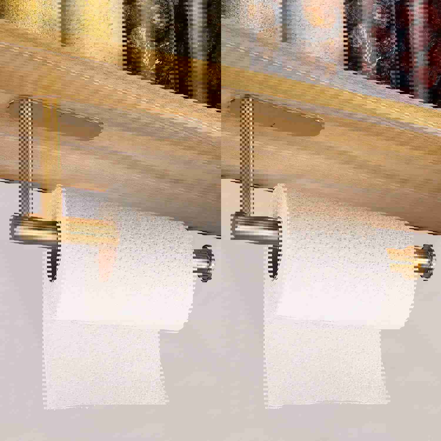 Stainless Steel Paper Towel Holder - Self-Adhesive Under Cabinet Mount (Gold)