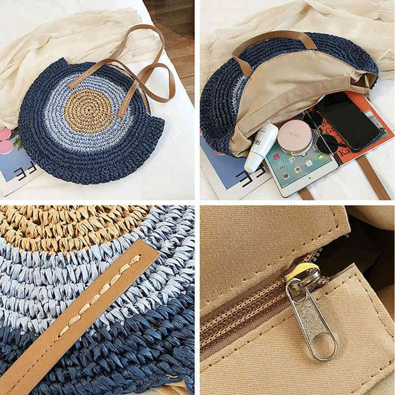 Lkblock Large Capacity Round Zipper Fashionable Straw Woven Bag for Women
