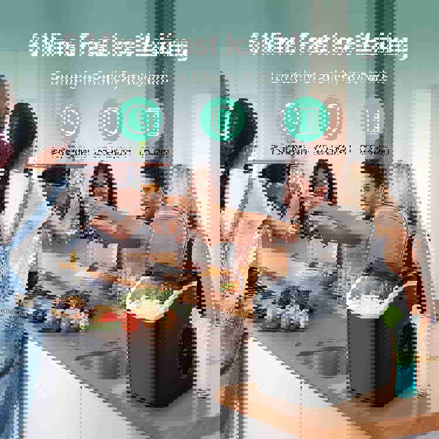 Portable Countertop Ice Maker - 6 Mins Fast Ice Making, 26.5Lbs/24Hrs, with Self-Cleaning & Accessories