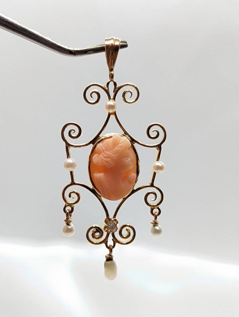 Antique Diamond Coral Cameo Pendant Lavaliere in 10k Gold with Pearl Accents