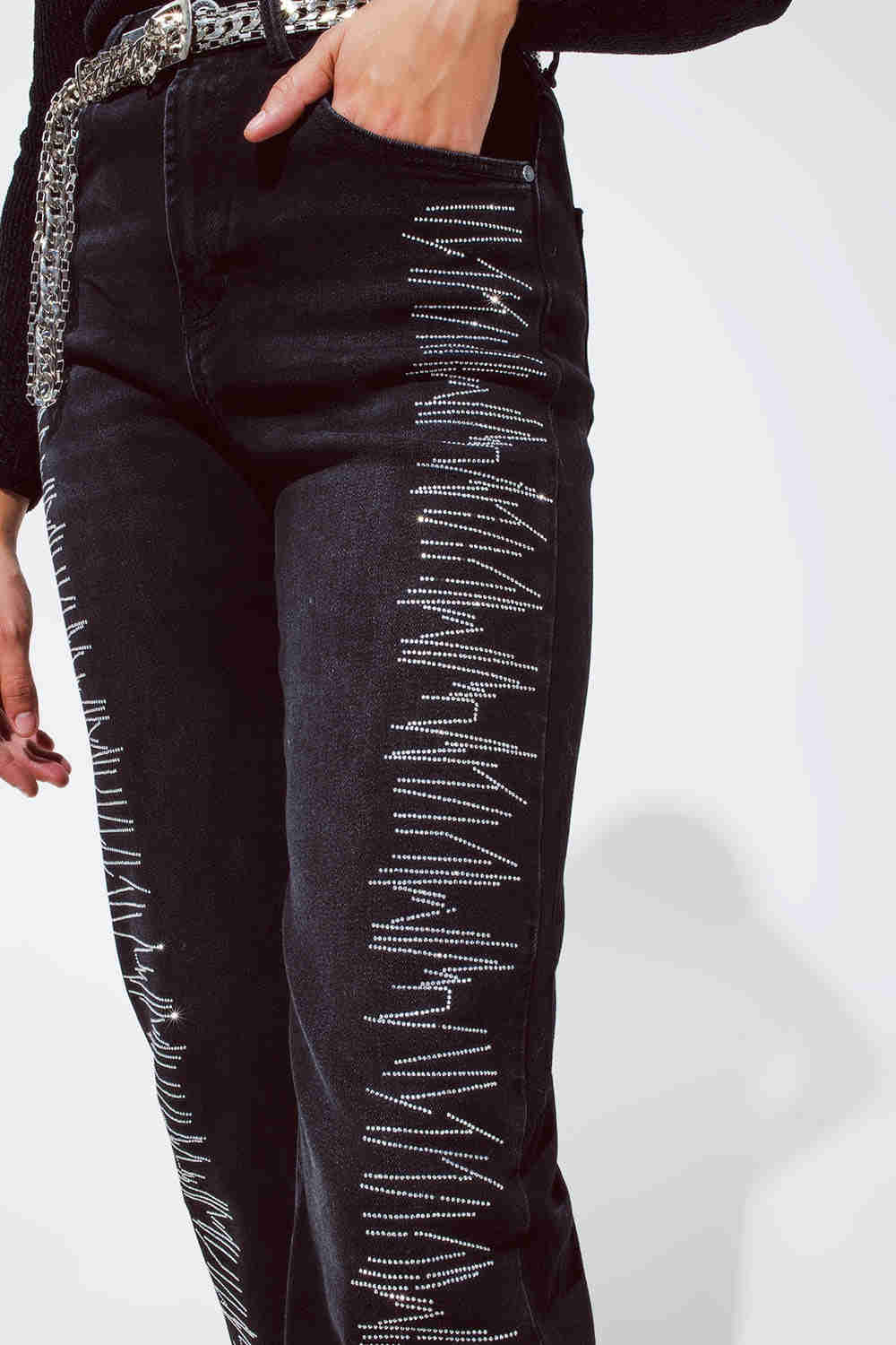 Magdalena Black Jeans - High Waisted with Silver Strass Details (S-M-L)