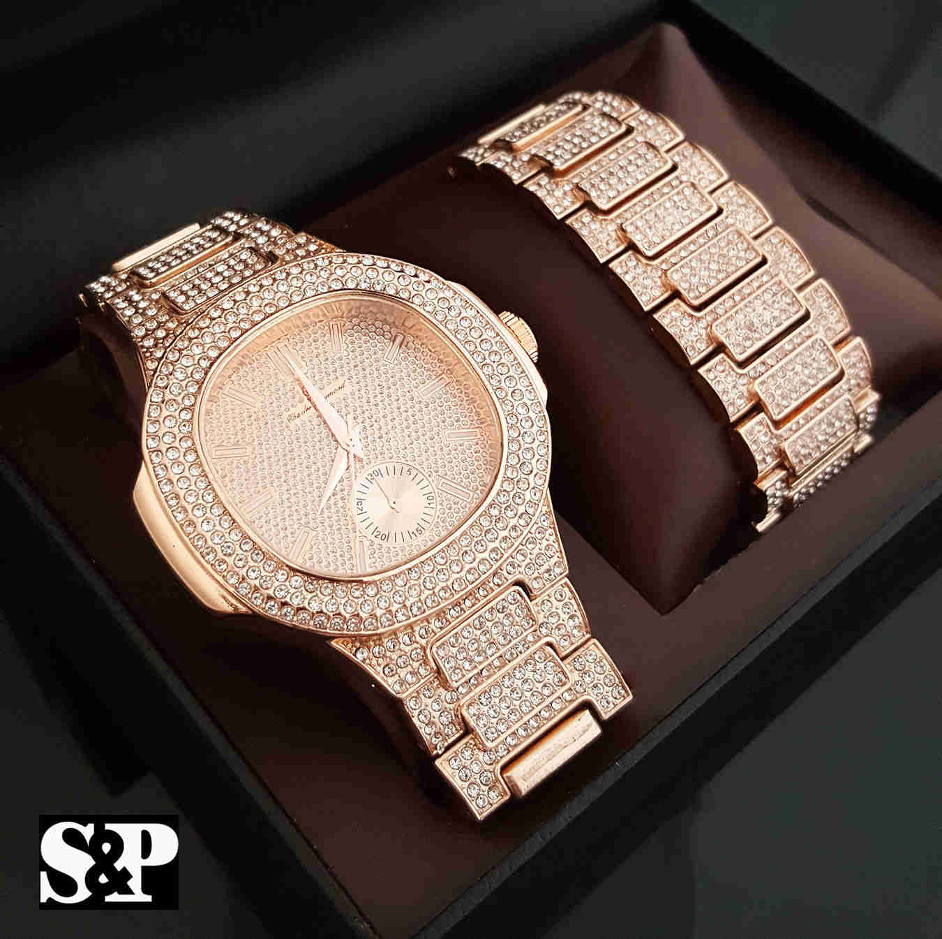 Iced Out Lab Diamond Luxury Rose Gold PT Watch & Bracelet Gift Set for Men