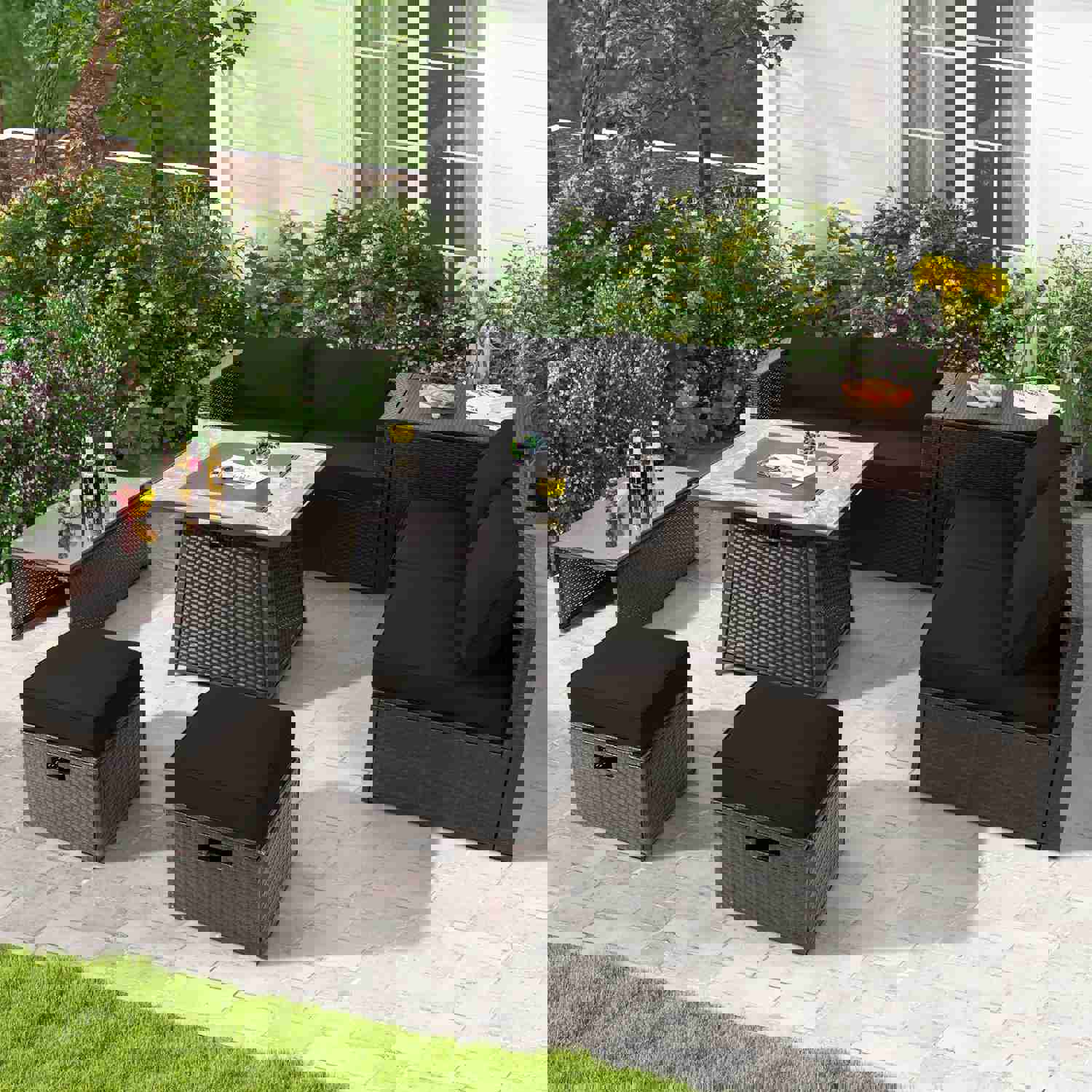 Tangkula 9-Piece Outdoor Patio Furniture Set with 35-Inch Propane Fire Pit Table