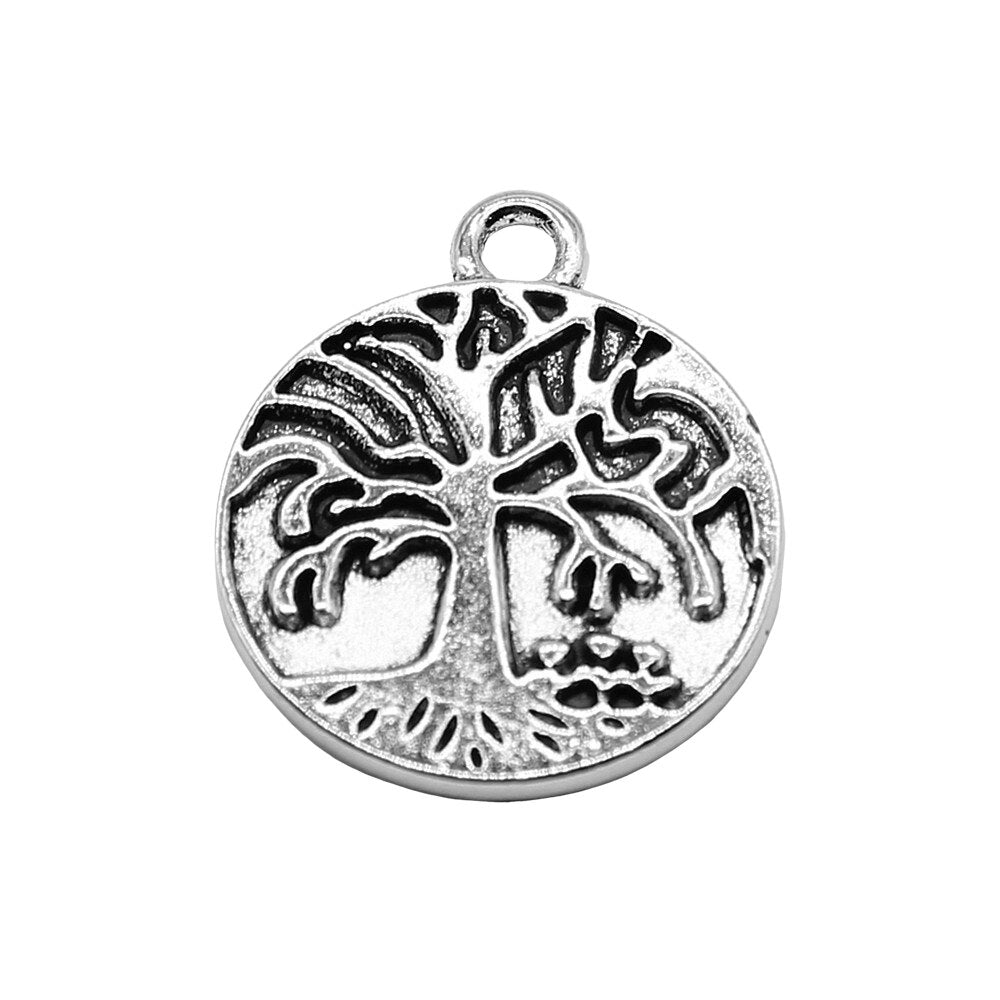 WYSIWYG 10pcs 20x24mm Round Double-Sided Tree Pendant Charms Antique Silver Color For Jewelry Making