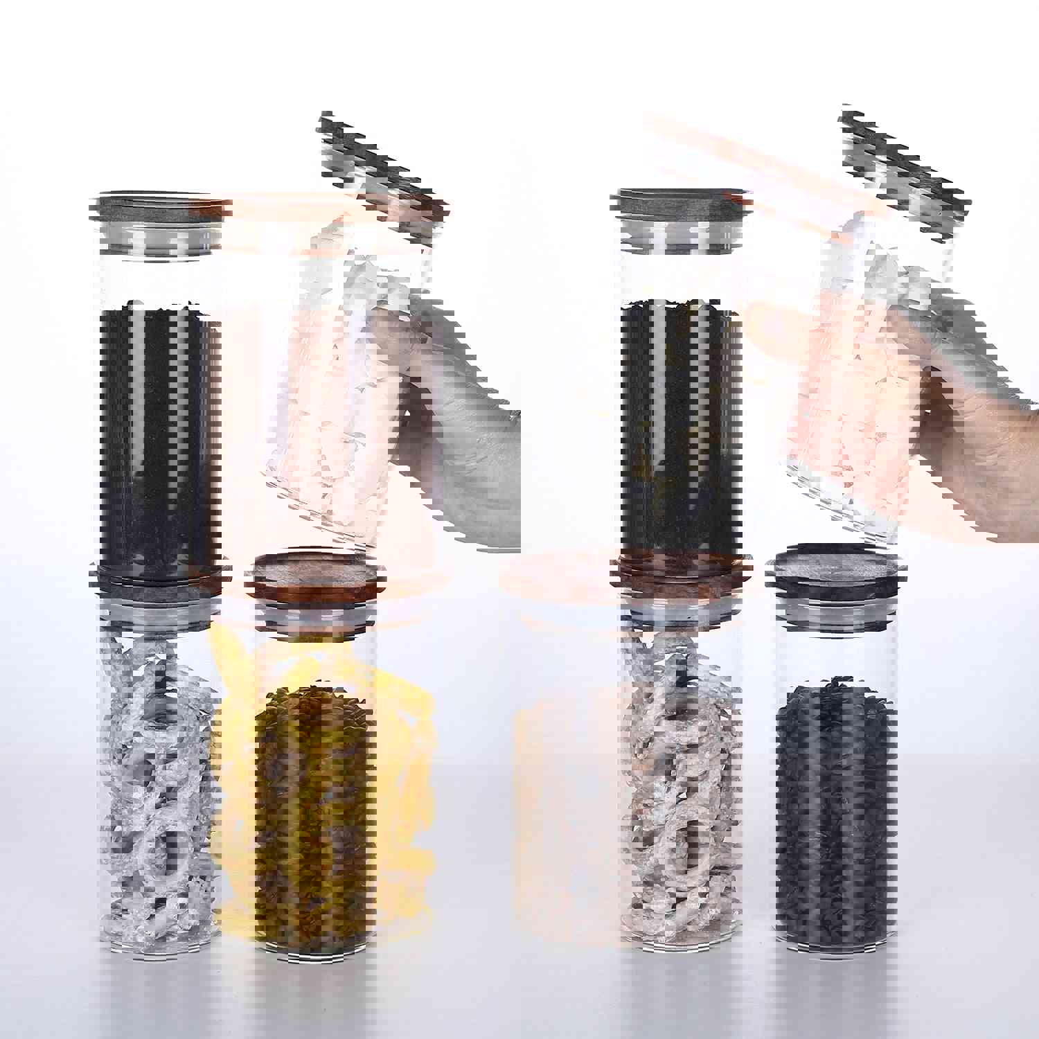 KKC Glass Airtight Food Storage Jar Containers with Wooden Lids, 25 FLoz (750 ML), Pack of 4