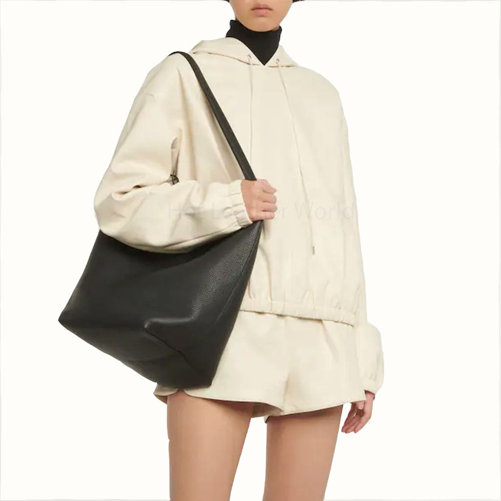 Minimal Beige Elasticized Women Genuine Leather Hoodie