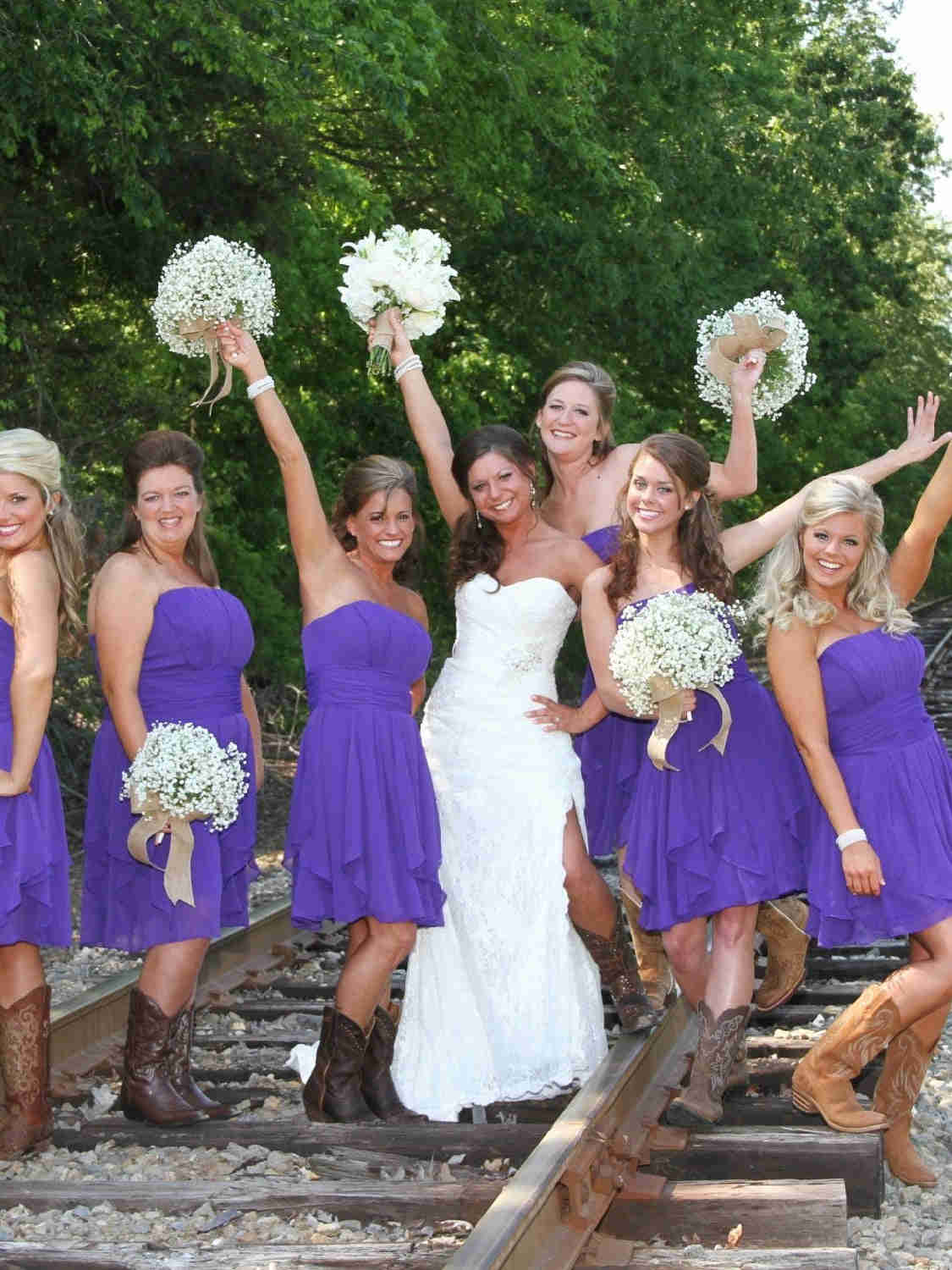 Purple Short Chiffon Bridesmaid Dresses with Cowgirl Boots