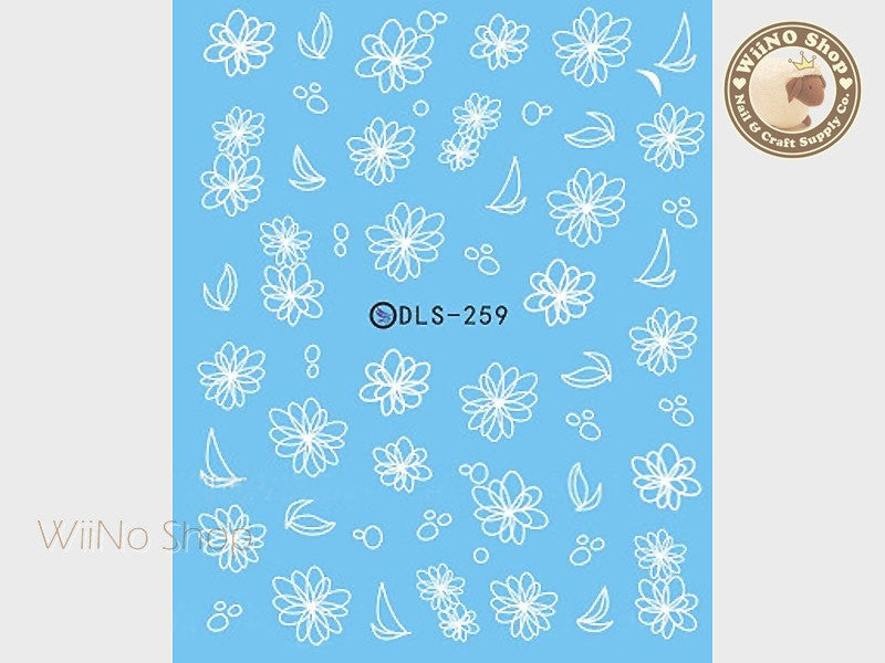 White Floral Water Slide Nail Art Decals - 1pc (DLS-259)