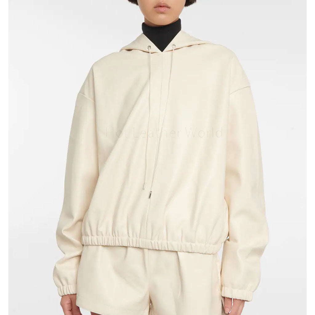Minimal Beige Elasticized Women Genuine Leather Hoodie