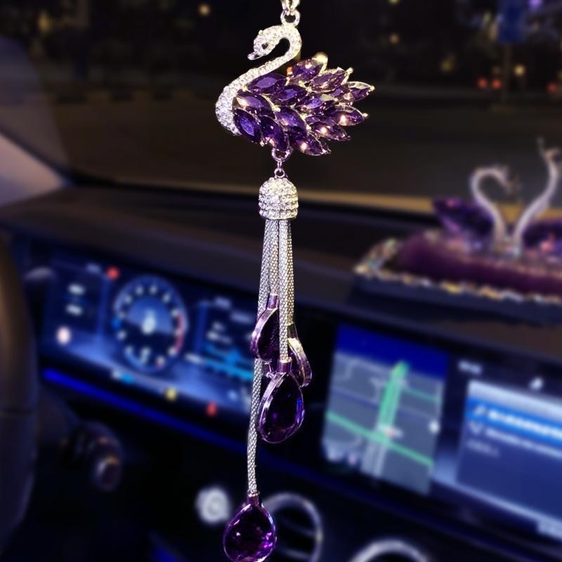 Luxury Rhinestone Swan Rear View Mirror Hanging Pendant for Women