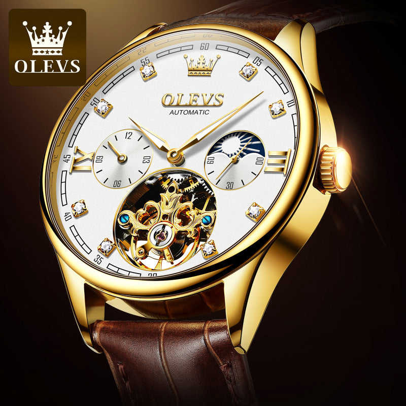 OLEVS Automatic Mechanical Watch for Men - Skeleton Flywheel Business Watch 3601
