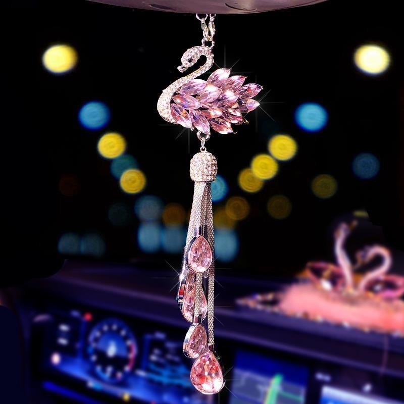 Luxury Rhinestone Swan Rear View Mirror Hanging Pendant for Women