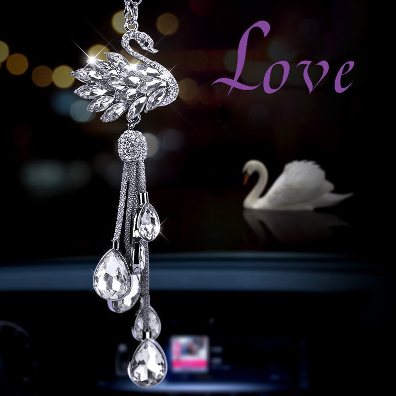 Luxury Rhinestone Swan Rear View Mirror Hanging Pendant for Women