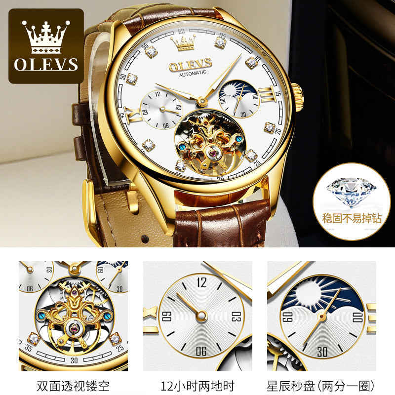 OLEVS Automatic Mechanical Watch for Men - Skeleton Flywheel Business Watch 3601