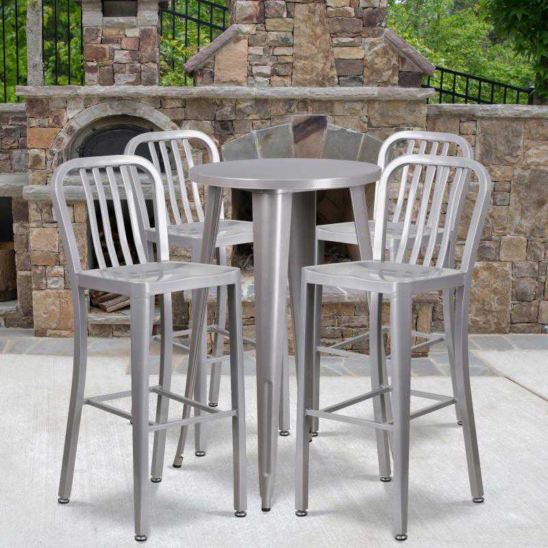 CH-51080BH-4-30VRT Richard Commercial Grade 24 Round Silver Metal Indoor-Outdoor Bar Table Set with 4 Stools