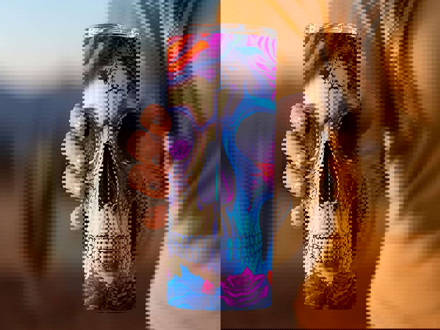 3D Colorful Skull and Roses Stainless Steel Tumbler with Straw - Double Wall Insulated for Hot & Cold Drinks