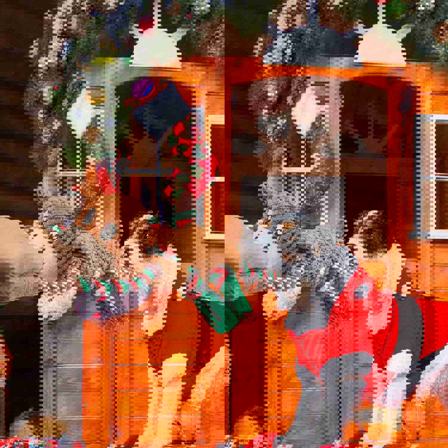 IOKHEIRA Christmas Deer Squeaky Dog Toy - Interactive Plush Chew Toy with Crinkle Paper & Knotted Rope for Teeth Cleaning