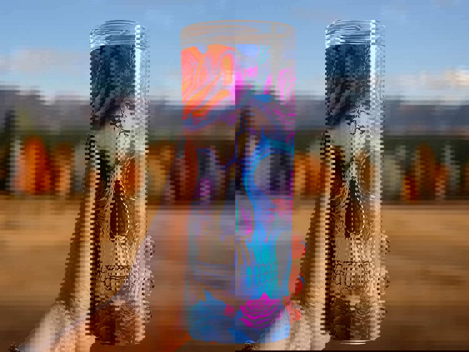 3D Colorful Skull and Roses Stainless Steel Tumbler with Straw - Double Wall Insulated for Hot & Cold Drinks