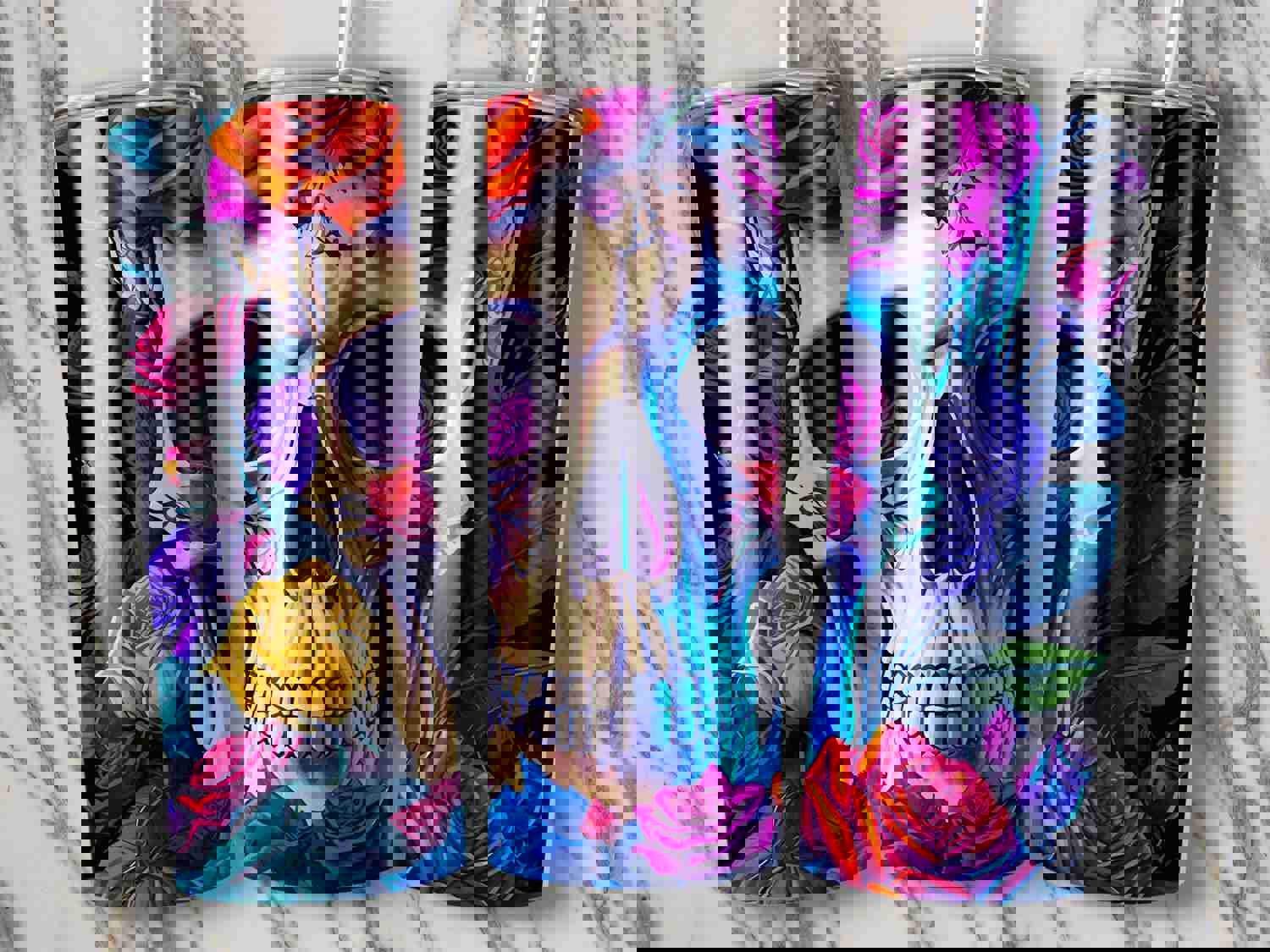 3D Colorful Skull and Roses Stainless Steel Tumbler with Straw - Double Wall Insulated for Hot & Cold Drinks