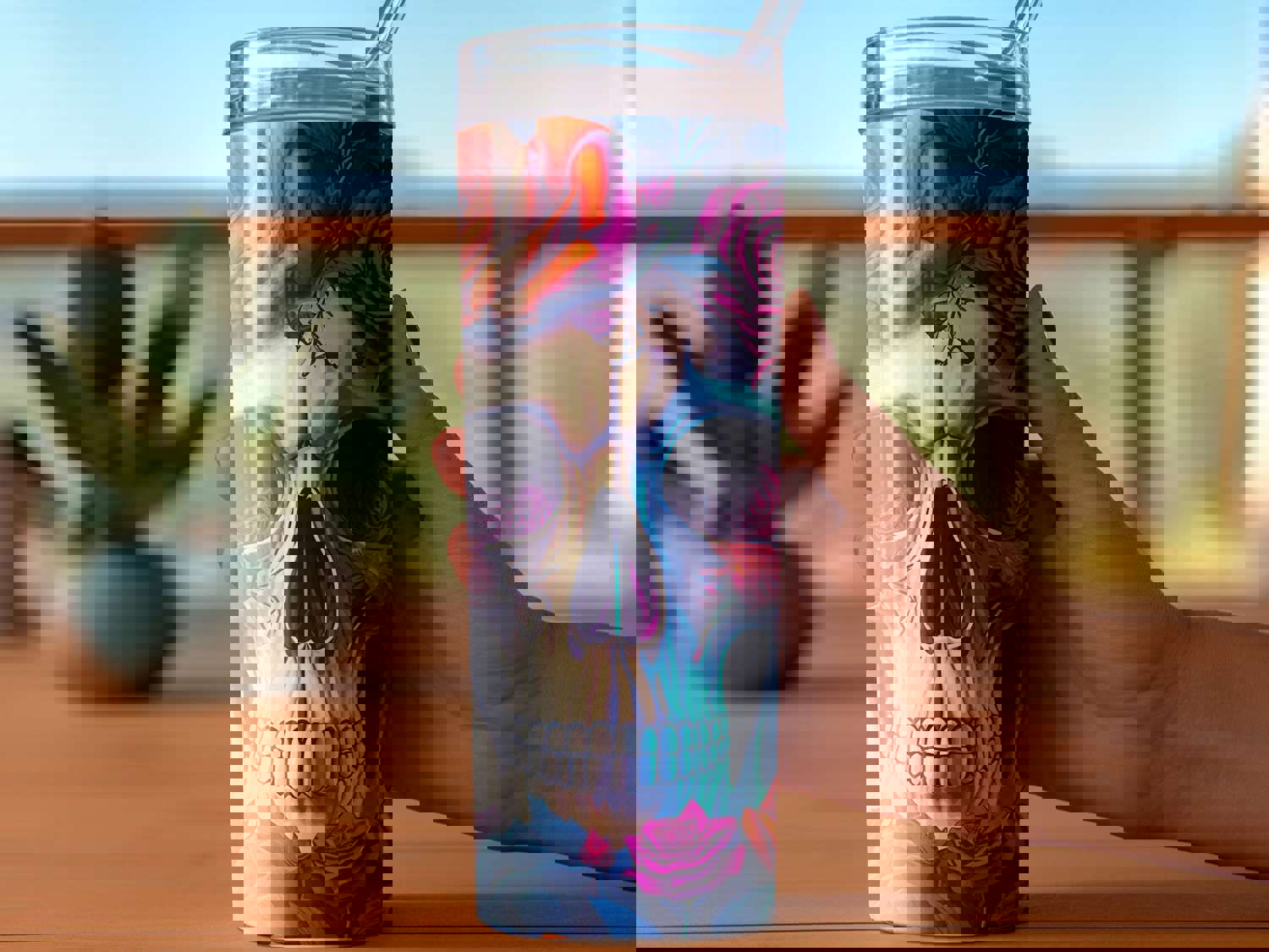 3D Colorful Skull and Roses Stainless Steel Tumbler with Straw - Double Wall Insulated for Hot & Cold Drinks