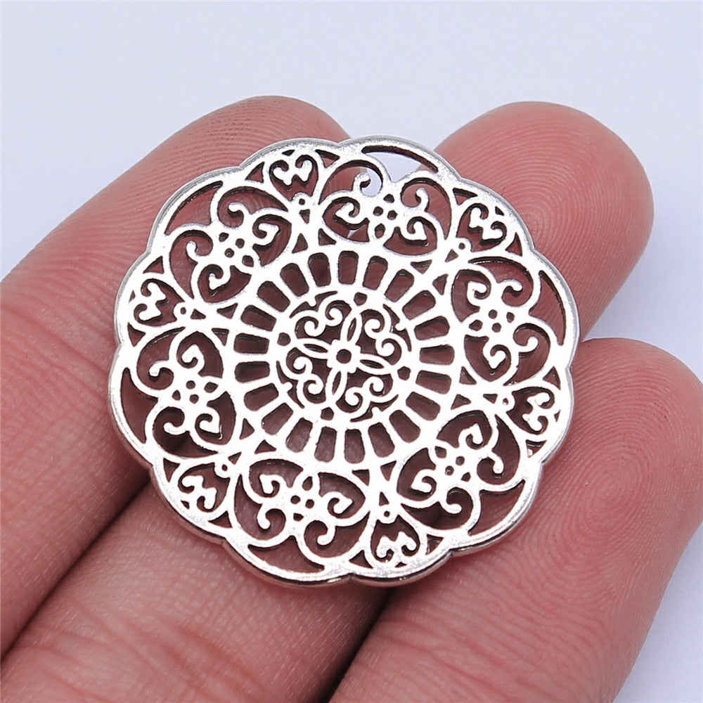 5pcs Antique Silver Hollow Flower Charms for DIY Jewelry Making