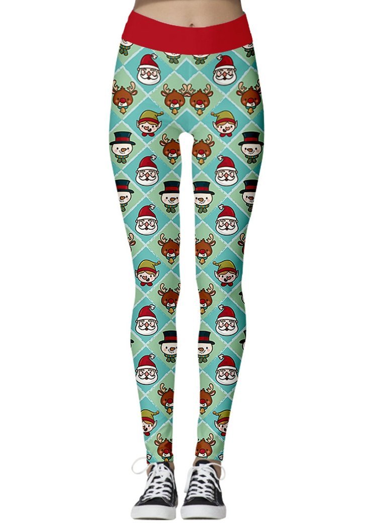 Fashion Plaid Santa Claus Deer Print Christmas Pants Ankle Length Leggings For Women