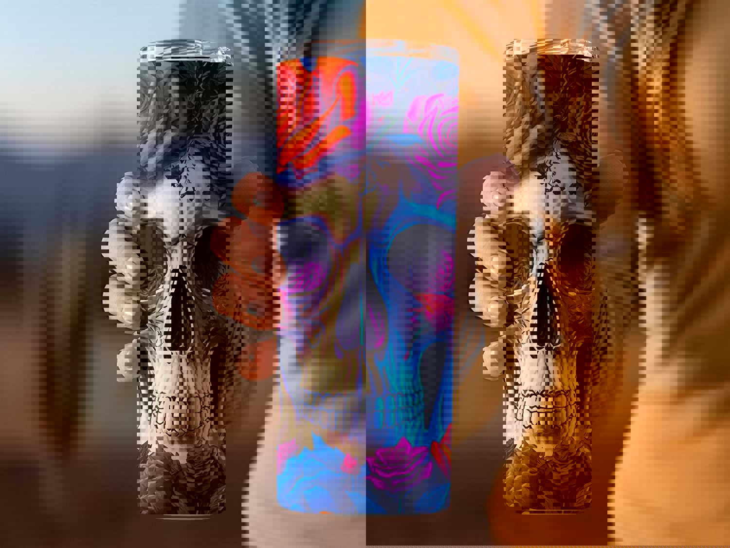 3D Colorful Skull and Roses Stainless Steel Tumbler with Straw - Double Wall Insulated for Hot & Cold Drinks