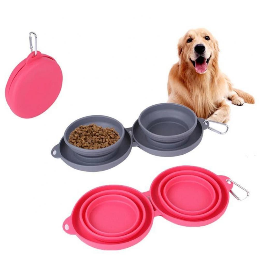 Rubber Foldable Double Bowl Pet Feeding Bowl for Dogs and Cats