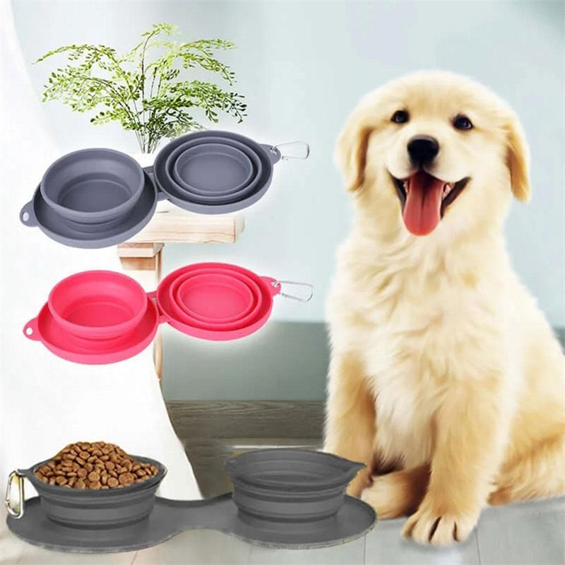 Rubber Foldable Double Bowl Pet Feeding Bowl for Dogs and Cats